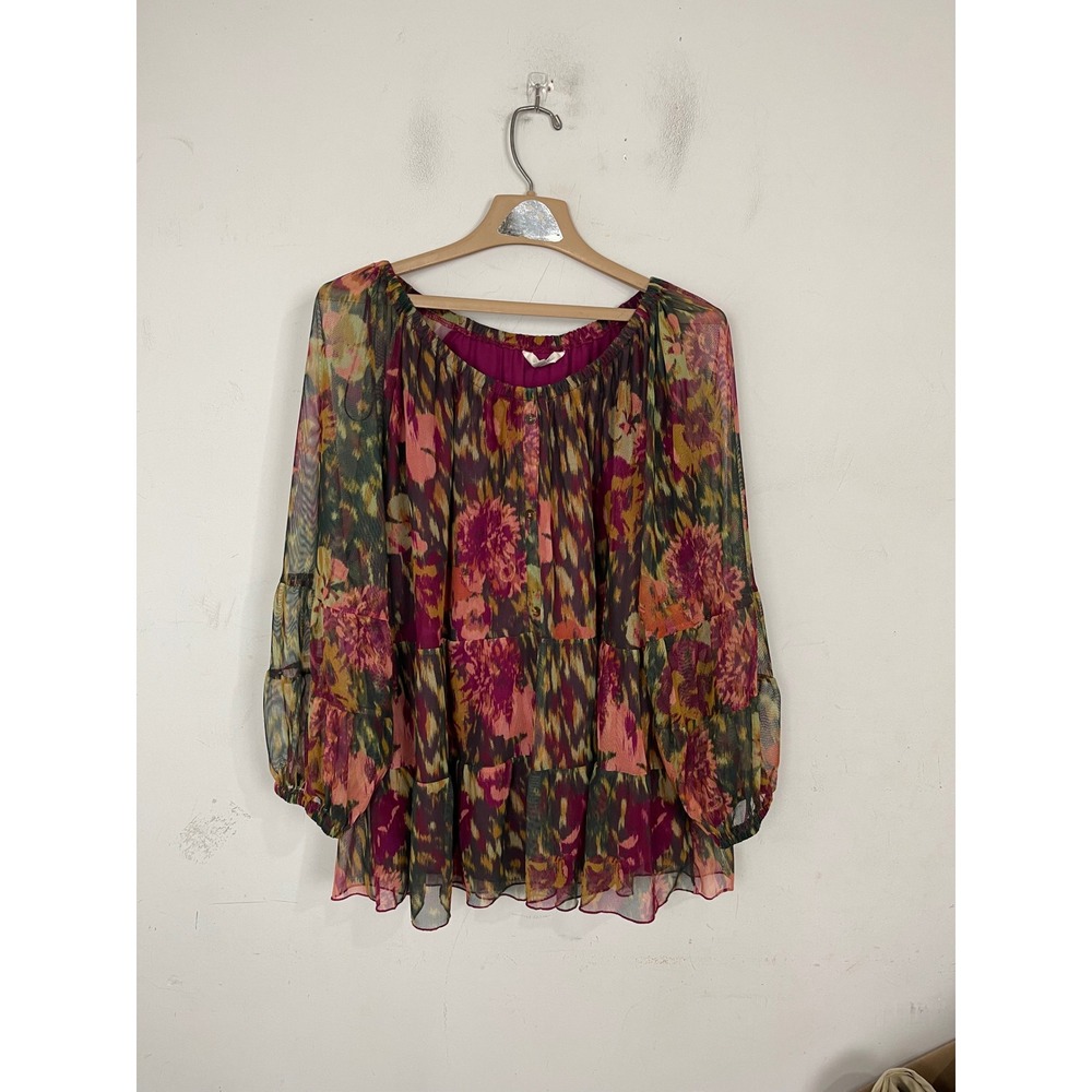 Terra & Sky‎ Womens 1X Floral Mesh Tiered Tunic Top Magenta Long Sleeve Blouse